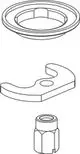 Befestigungsset von Ideal Standard mit drei Komponenten: einer runden Halterung, einem gebogenen Element und einer sechseckigen Verbindungselement.